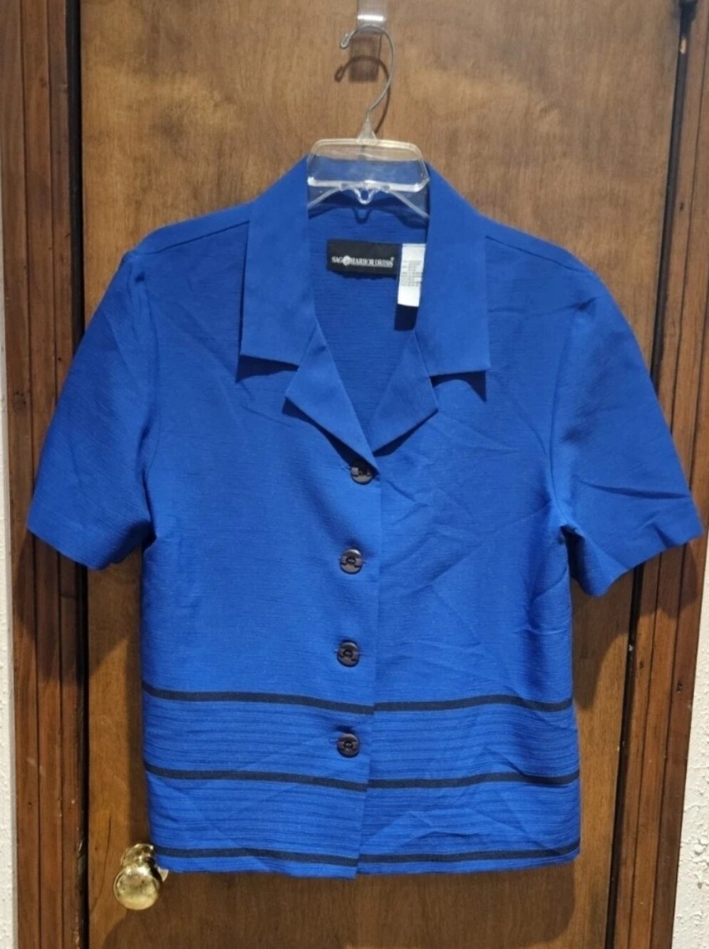 Sag Harbor Dress Blue Short Sleeve Button-Down Top With Black Stripes At The Hem